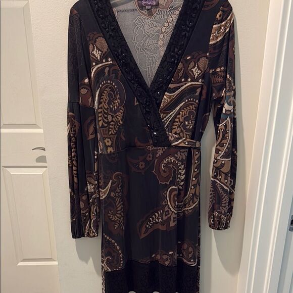 Hale Bob Brown Faux Wrap silk Dress with Bishop Sleeves size Large - Picture 1 of 14